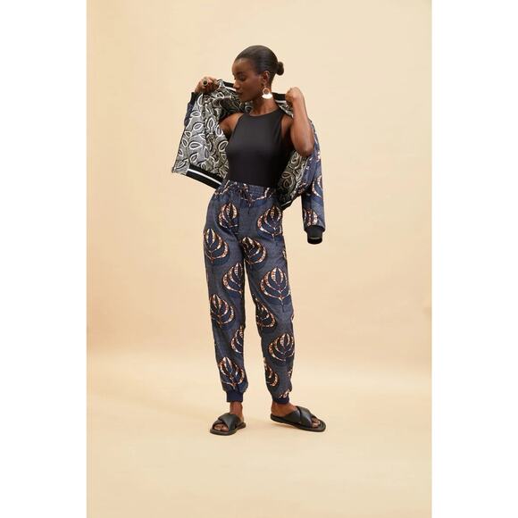 Mille Collines Pull On Pants Blue With Brown Leaves Print Size Small - Picture 1 of 7